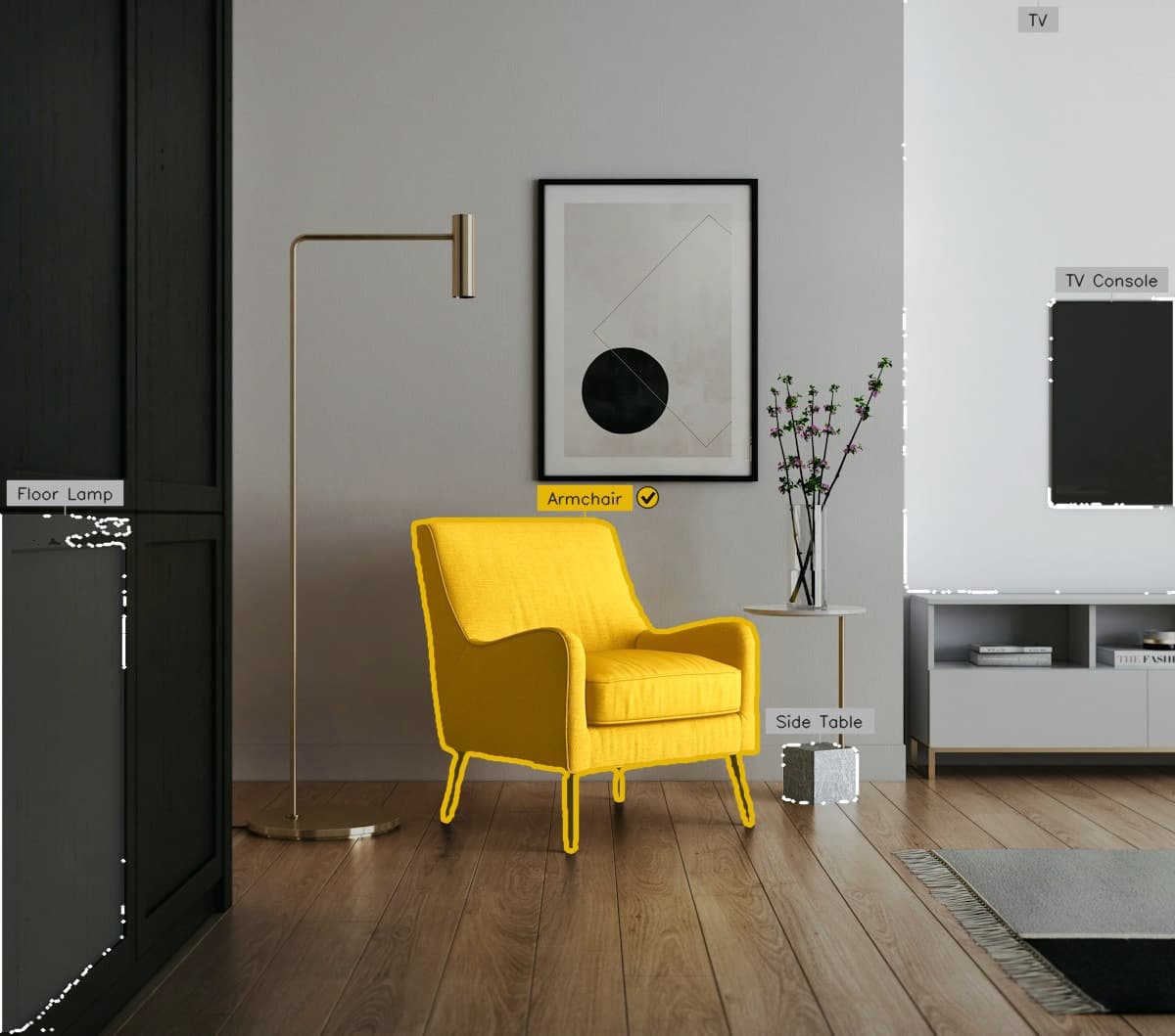 AI object detection showing bounding boxes around furniture in a living room